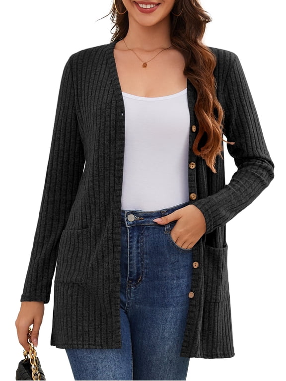 Women's Cardigan Lightweight Soft Knit Fall Sweater Blue Large Long Sleeve Open Front Coat with Pockets Black M