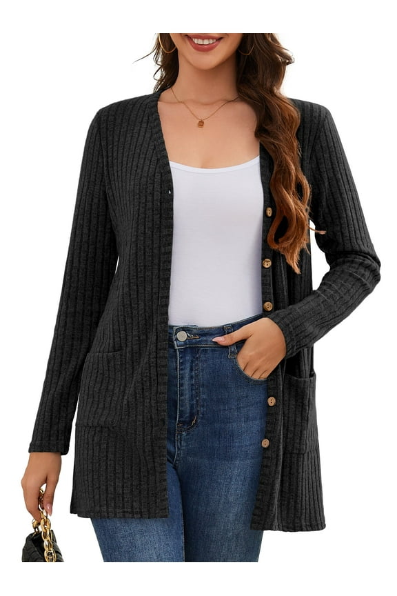 Women's Cardigan Lightweight Soft Knit Fall Sweater Blue Large Long Sleeve Open Front Coat with Pockets Black XL