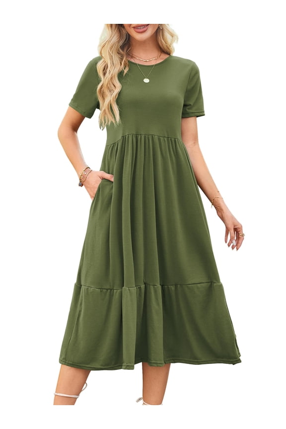 Women's Crew Neck Dress Summer Short Sleeve Long Dresses Green S