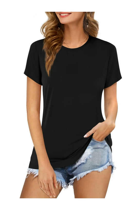 Women's Crew Neck Tops Casual Short Sleeve Long T Shirts(Black XL)