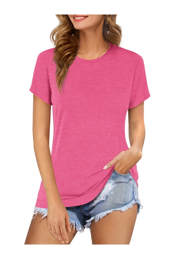 Women's Crew Neck Tops Casual Short Sleeve Long T Shirts(Pink XL)