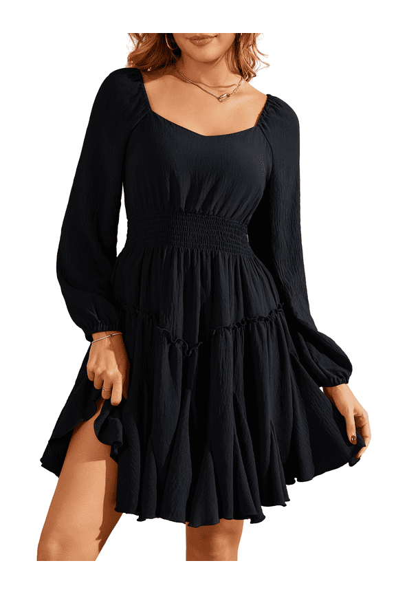Women's Dress Square Neck Lantern Long Sleeve Mini Dress Smocked Waist A-Line Chiffon Wedding Guest Ruffled Dresses Black S