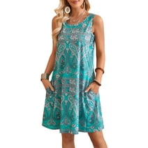 Fancyglim Women's Dresses Beach Floral Sundress Sleeveless Tank Dress Blue XL