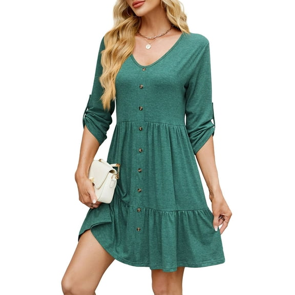 Fancyglim Women's Dresses Casual V Neck Rolled Long Sleeve Loose Button Tiered Flowy Dress Green M