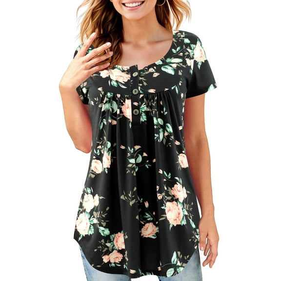 Fancyglim Women's Floral Printed Henley Short Sleeve V Neck T-Shirt Black XL