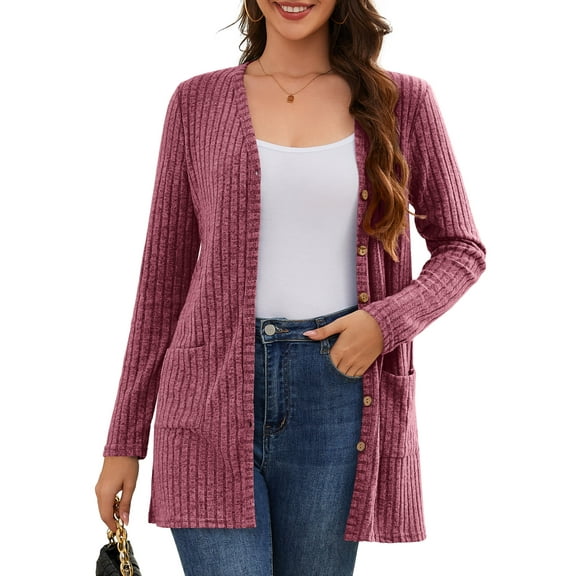 Fancyglim Women's Long Sleeve Cardigan Sweater Lightweight Button Down Brushed Knit Tops with Pockets Burgundy 2XL