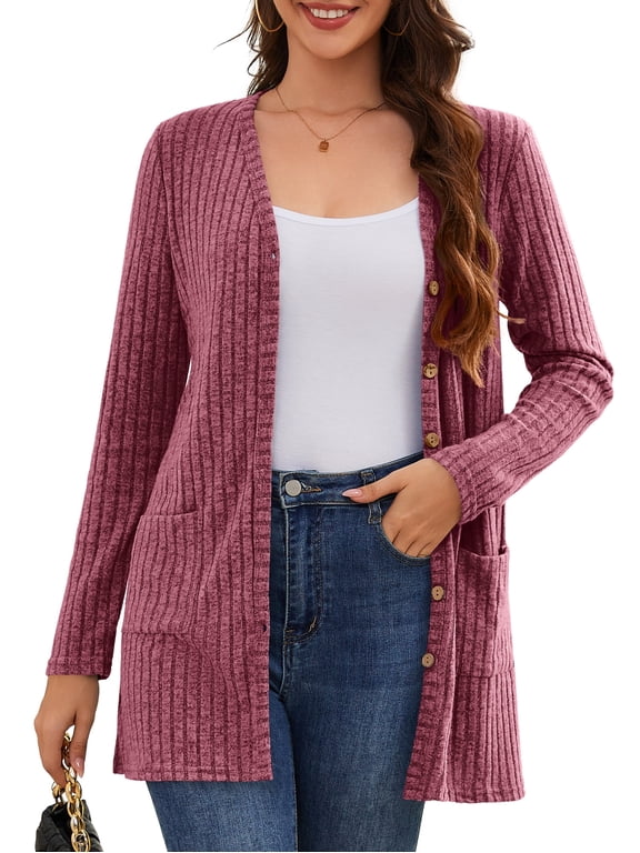 Women's Long Sleeve Cardigan Sweater Lightweight Button Down Brushed Knit Tops with Pockets Burgundy M