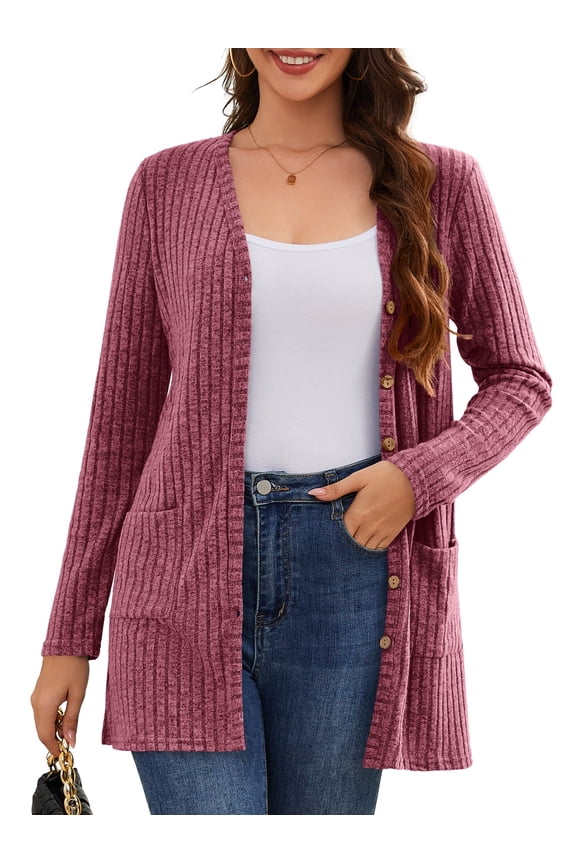 Women's Long Sleeve Cardigan Sweater Lightweight Button Down Brushed Knit Tops with Pockets Burgundy XL