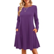 FANCYGLIM Women's Long Sleeve Casual Dress Loose T-Shirt Dress with Pockets Purple M