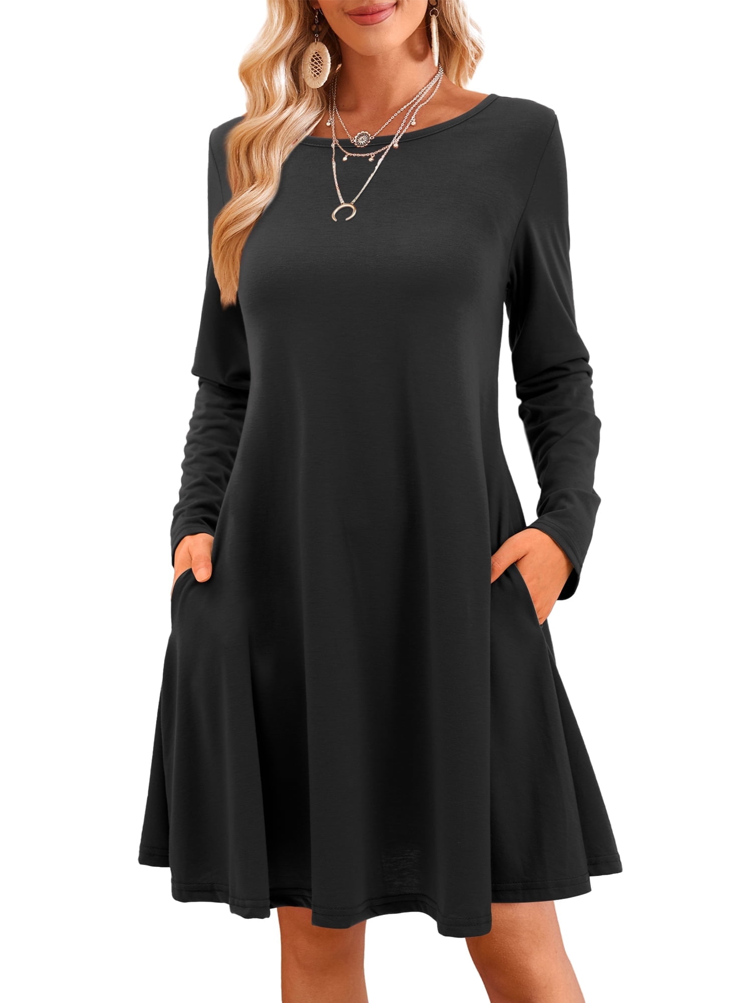 Fancyglim Women's Long Sleeve Dress Casual Plain Simple T-Shirt Loose Dresses  Black 2XL - Walmart.com