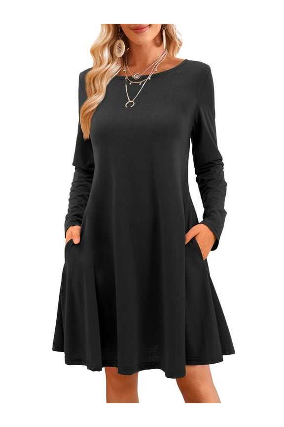 Women's Long Sleeve Dress Casual Plain Simple T-Shirt Loose Dresses Black 2XL