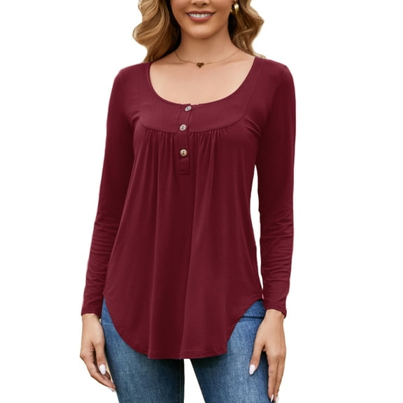 Fancyglim Blouse for Women Long Sleeve Henley Shirt Casual Button Up Pleated Loose Tunic Tops (Burgundy, S)