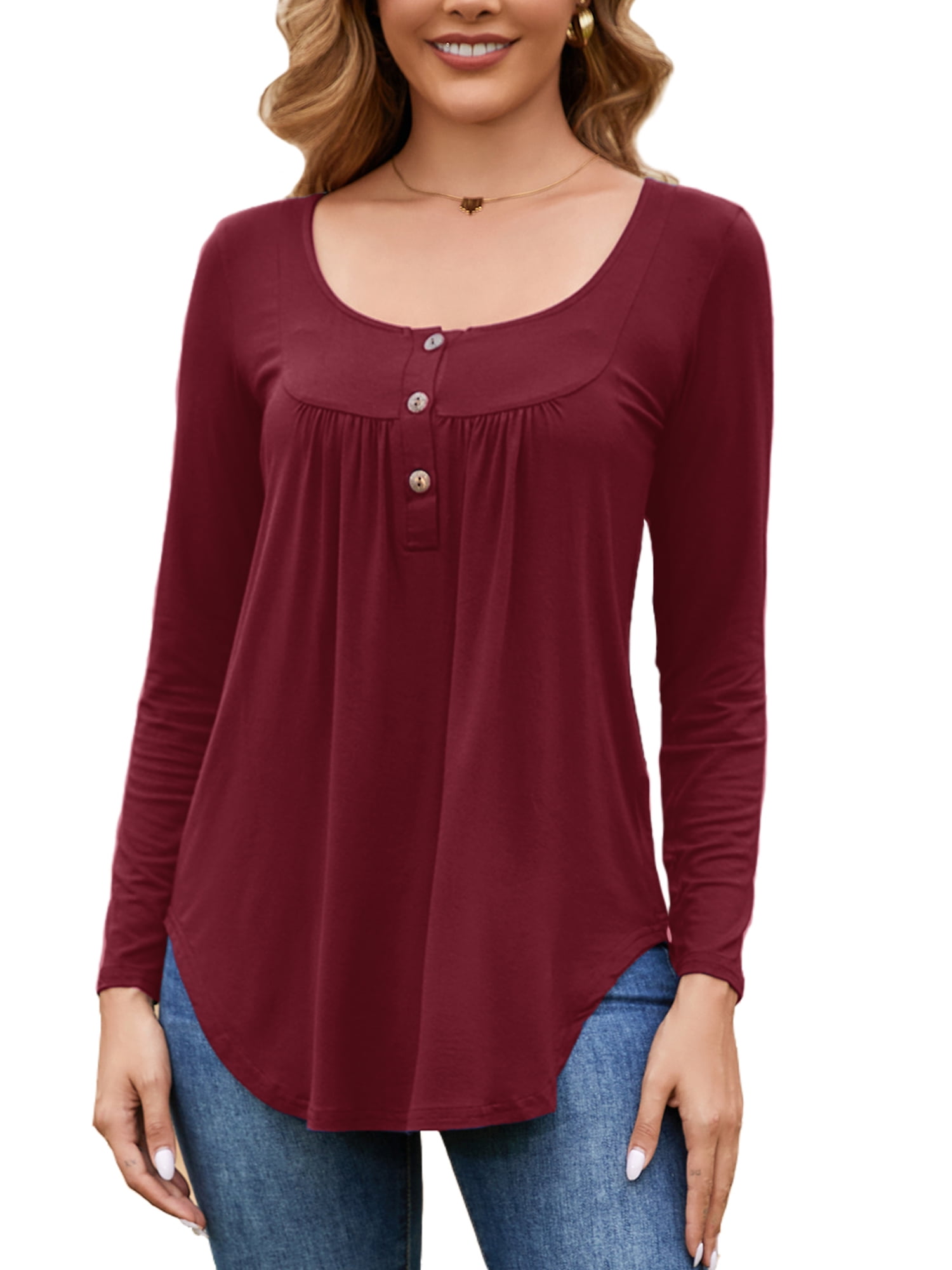 トップス John Smedley Long Sleeve Burgandy L Fancyglim Women's Long Sleeve Henley Shirt, Flowy Tunic Tops, Soft