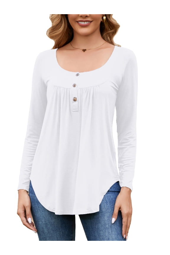 Women's Long Sleeve Henley Shirt Casual Button Up Tunic Tops (White, L)
