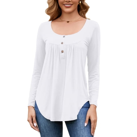 Women's Long Sleeve Henley Shirt Casual Button Up Tunic Tops (White, L)