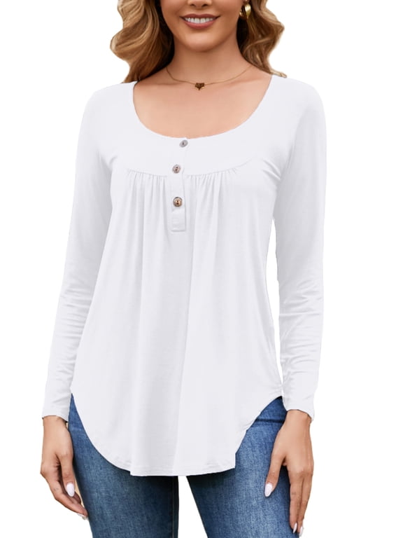 Women's Long Sleeve Henley Shirt Casual Button Up Tunic Tops (White, XL)