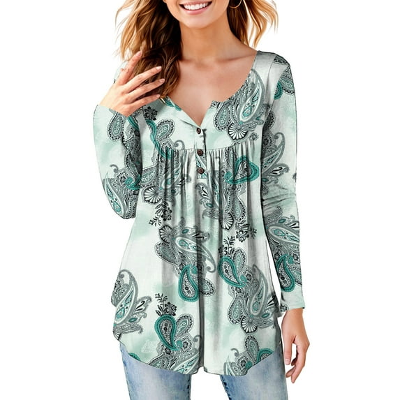 Fancyglim Women's Long Sleeve Henley Shirt V-Neck Pleated Tunic Top Blouse White L