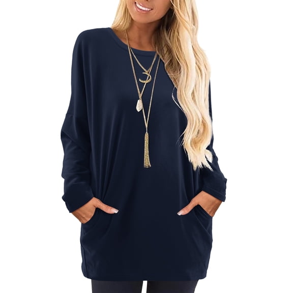 Fancyglim Women's Long Sleeve Sweatshirts Round Neck Tops Casual Oversize Pullover Shirt Blouses Navy M