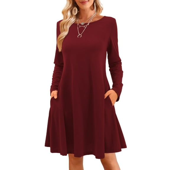Fancyglim Women's Long Sleeve Sundresses Crew Neck T Shirt Dress with Pockets Burgundy L
