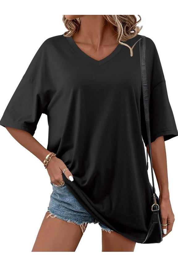 Women's Oversized Shirts Summer Half Sleeve Soft Tunic Tops Black L