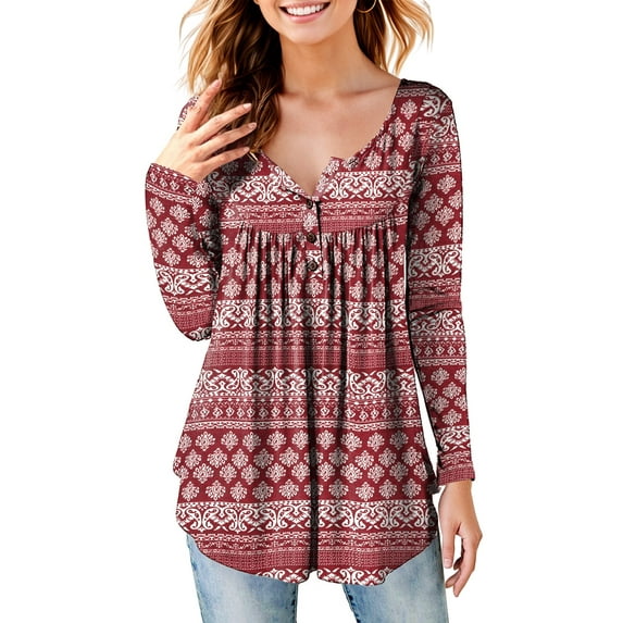 Fancyglim Women's Plus Size Henley Shirt Round Neck Long Sleeve Tunic Tops Printed Blouse Burgundy 2XL