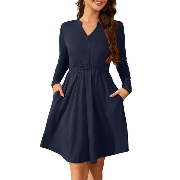 Fancyglim Women's Plus Size Long Sleeve Casual Dresses Casual Loose V Neck Button Swing Sundress with Pockets Navy 2XL