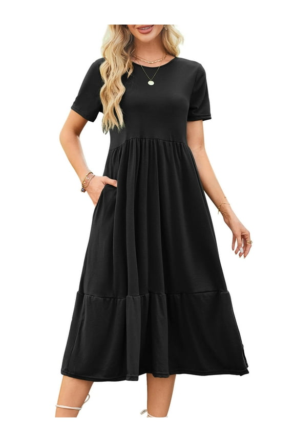 Women's Short Sleeve Dress Summer Crew Neck Long Dresses Black XL