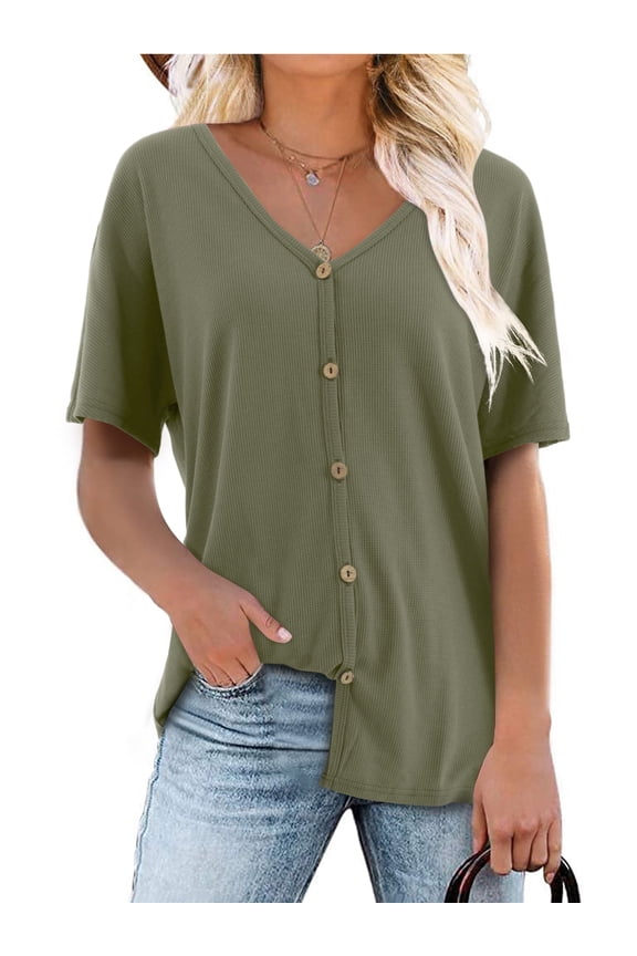 Women's Short Sleeve Shirt Waffle V Neck Button Top Blouse Green 2XL