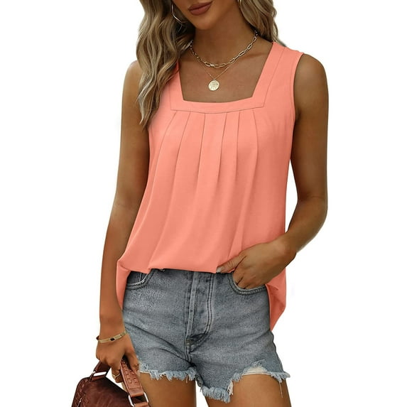 Fancyglim Women's Sleeveless Shirt Square Neck Pleated Solid Tank Top Pink L