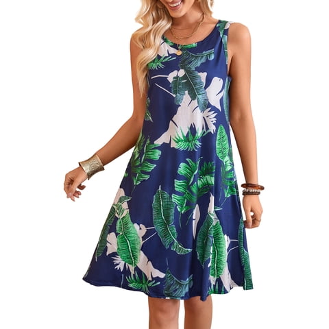 Women's Summer Casual T Shirt Dresses Tank Vest Beach Dress Leaf 2XL