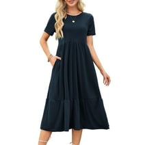 Fancyglim Women's Summer Dress Casual Short Sleeve Crewneck Tiered Dress Navy M
