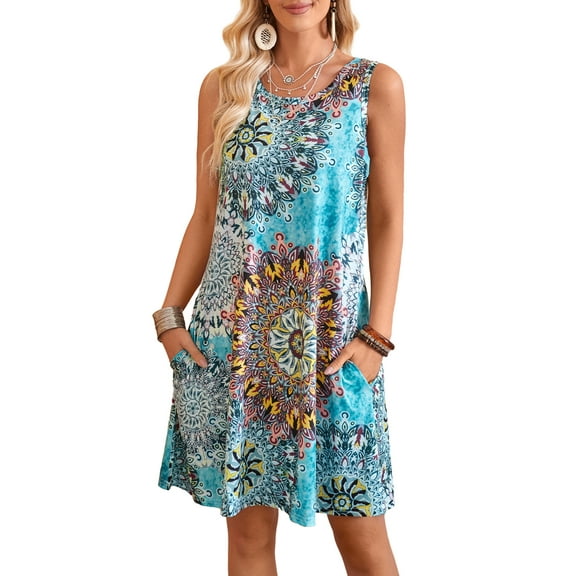 Fancyglim Women's Summer Dresses Casual Floral Pockets Casual Tank Dress Blue 2XL