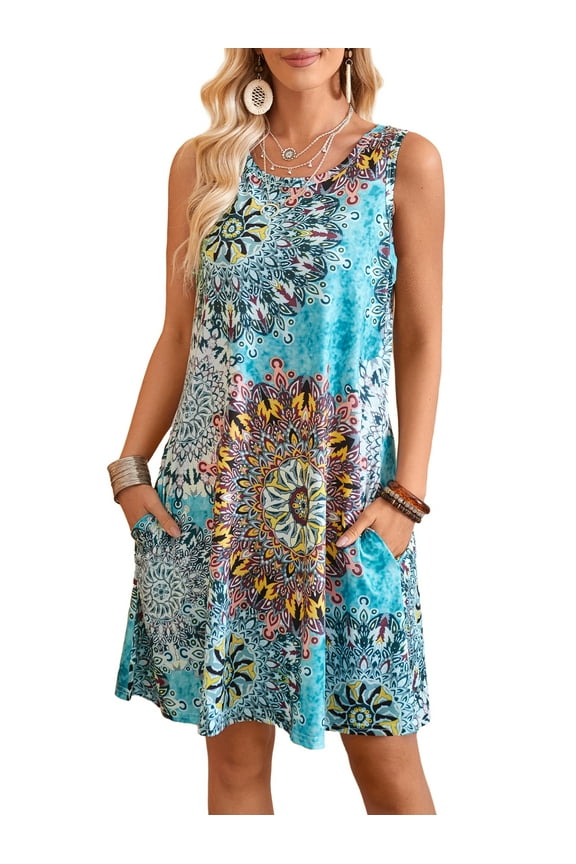 Women's Summer Dresses Casual Floral Pockets Casual Tank Dress Blue 2XL