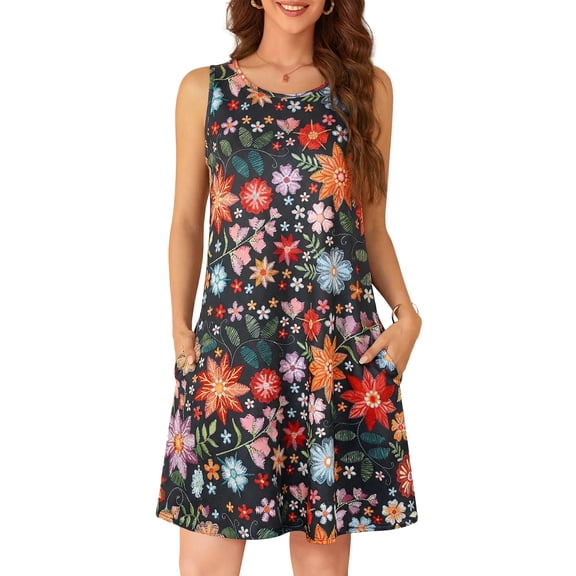 Fancyglim Women's Summer Dresses Casual Sleeveless Beach Sundress Floral Mini Tank Dress with Pockets M-3XL