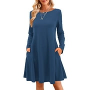 FANCYGLIM Women's T-Shirt Dress Casual Flowy Cute Swing Long Sleeve Mini Dress Navy M