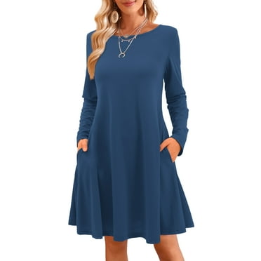Fancyglim Women's T-Shirt Dress Casual Flowy Cute Swing Long Sleeve Mini Dress Navy M