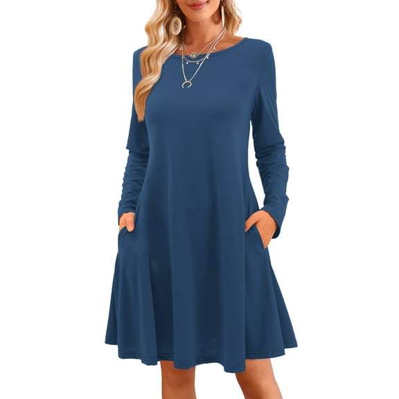 Fancyglim Women's T-Shirt Dress Casual Flowy Cute Swing Long Sleeve Mini Dress Navy M