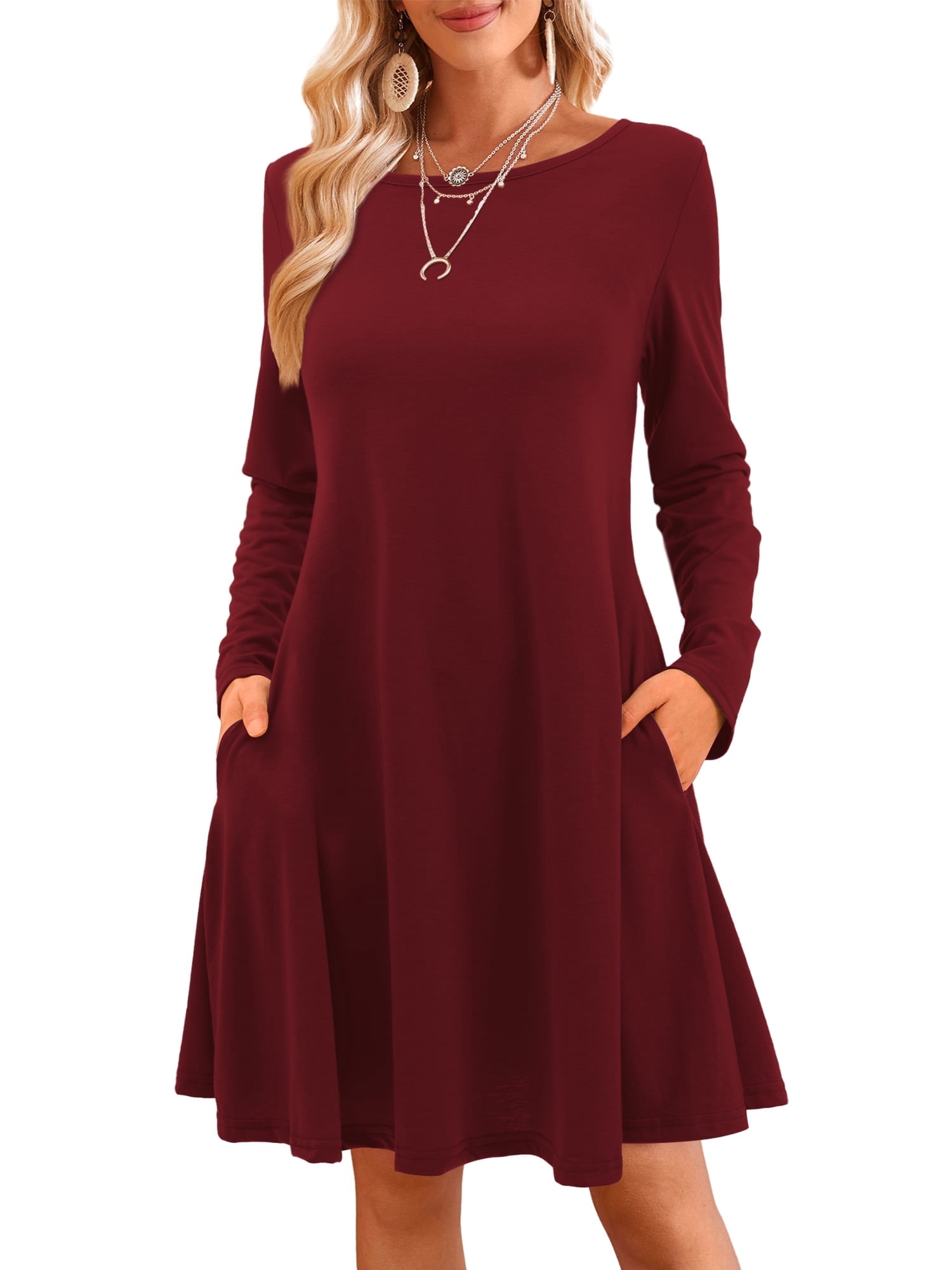 Fancyglim Women's T Shirt Dresses Casual Crew Neck Long Sleeve Swing Dress Burgundy 2XL Fancyglim Women's T Shirt Dresses Casual Crew Neck Long Sleeve Swing Dress Burgundy 2XL