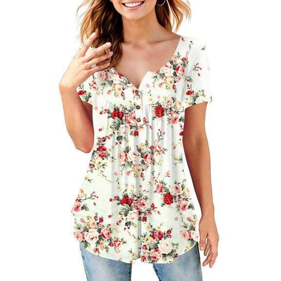 Fancyglim Women's Tunic Tops Short Sleeve Casual Floral Henley Shirt White xl