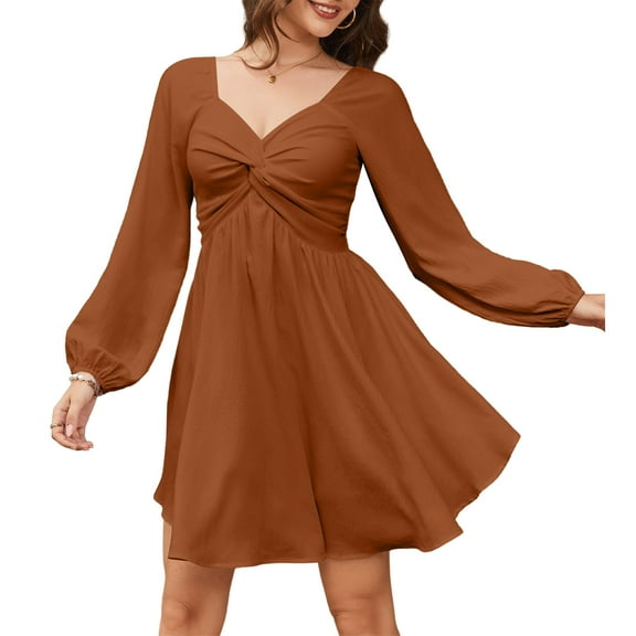 Fancyglim Women's Twist Front Dress Square Neck Long Sleeve Smocked Back A-Line Party Dresses Orange M