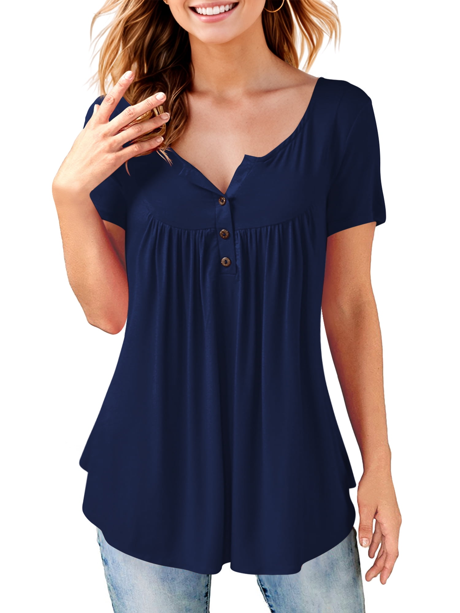 Amoretu Women's V-Neck Short Sleeve T-Shirt - Loose Fit, Soft Rayon, Summer Top (Blue, L) - View #4