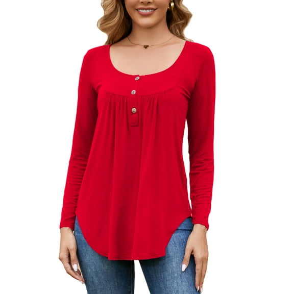 Fancyglim Women's Plus Size Henley Shirt V-Neck Blouse Solid Color Long Sleeve Tunic Tops Red 3XL