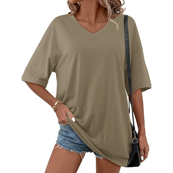 Fancyglim Women's V Neck Tunic Tops Cozy Oversized Tee Shirt Blouse Khaki XL