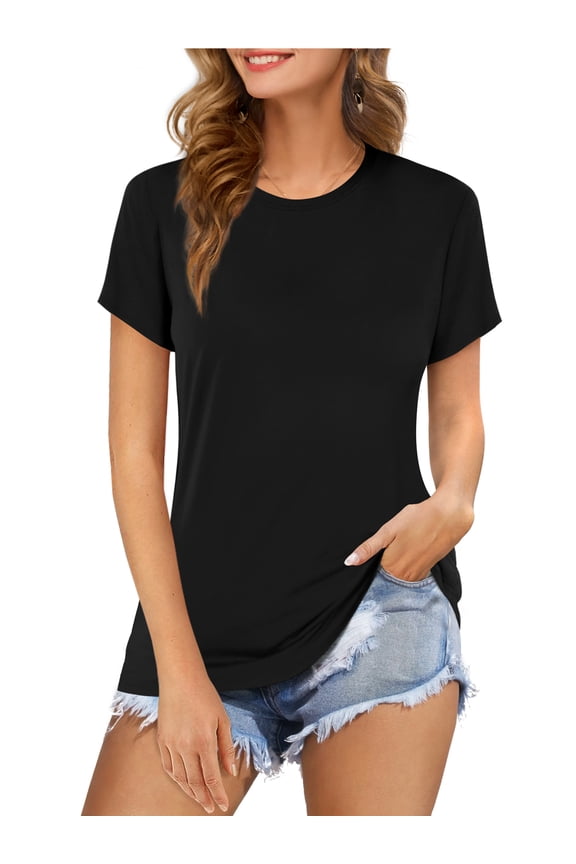 Womens Crew Neck T-Shirts Basic Short Sleeve Cotton Tops(Black M)