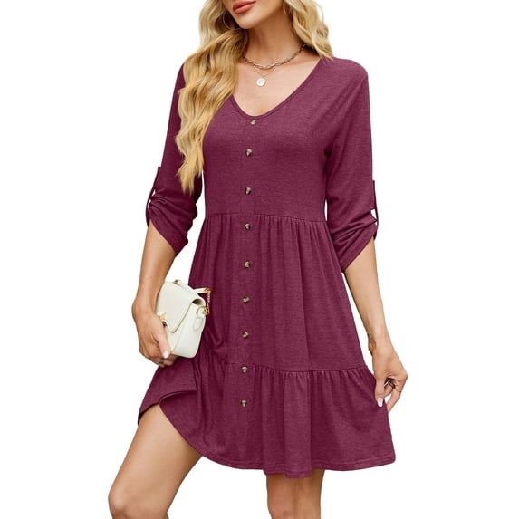 Fancyglim Womens Dress V Neck Rolled Long Sleeve Button Casual Ruffle Aline Swing Dresses Burgundy 2XL