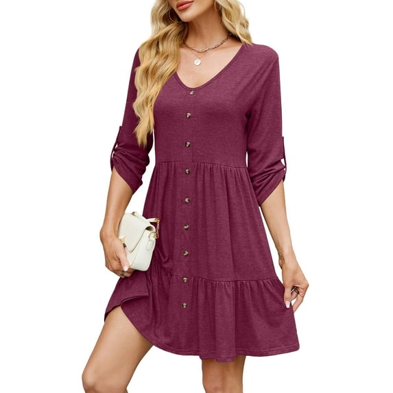 Fancyglim Womens Dress V Neck Rolled Long Sleeve Button Casual Ruffle Aline Swing Dresses Burgundy M