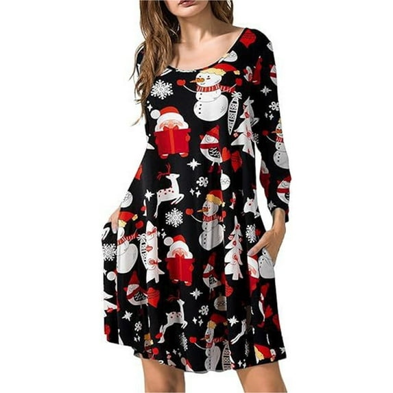 Fancyglim Womens Dresses for Christmas Crew Neck Long Sleeve Loose Fits T Shirt Aline Dress with Pockets Black M