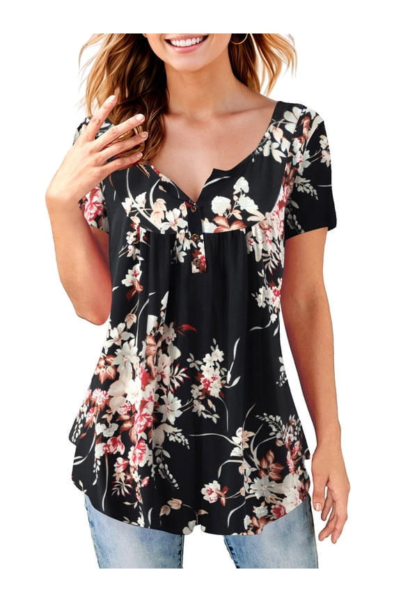 Womens Henley Shirts Short Sleeve Tunic Tops Floral Blouse Black s