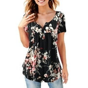 Fancyglim Womens Henley Shirts V Neck Tunic Tops Plus Floral Blouse Black 2xl