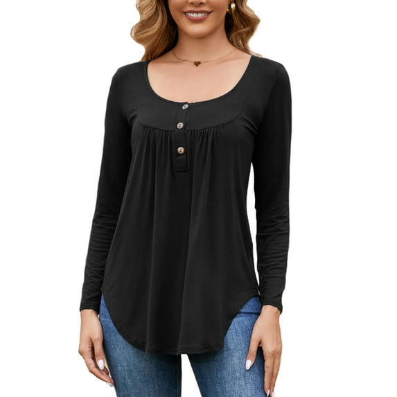 Fancyglim Shirt for Women Plus size Long Sleeve Pleated Henley Tops Casual Flared Tunic Blouse with Button (Black, 2XL)